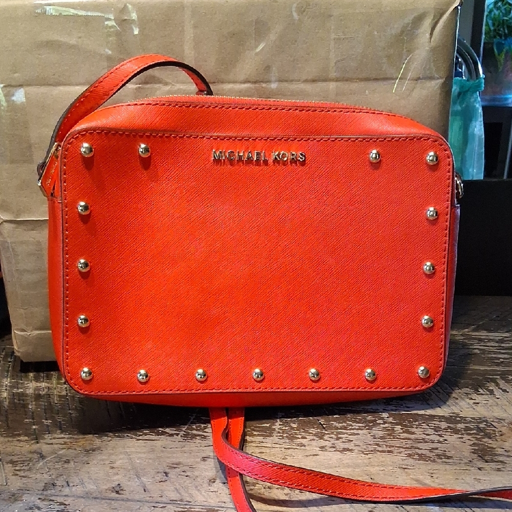 Michael Kors Orange Crossbody Bag with Gold Studs